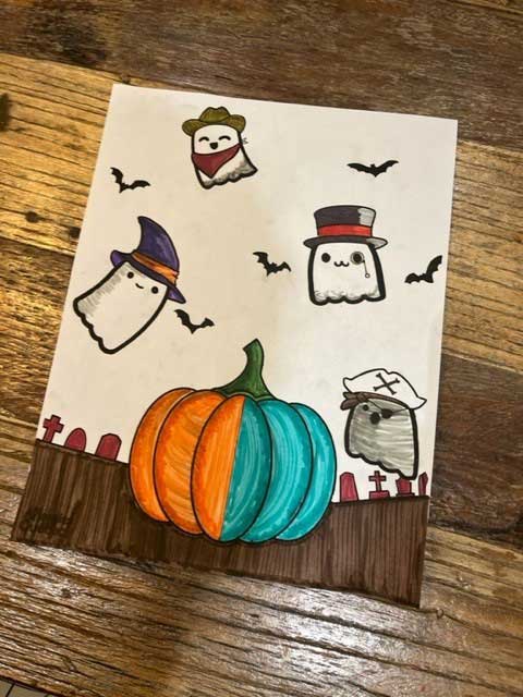 Dessin d’Halloween qui a été complété par un enfants.