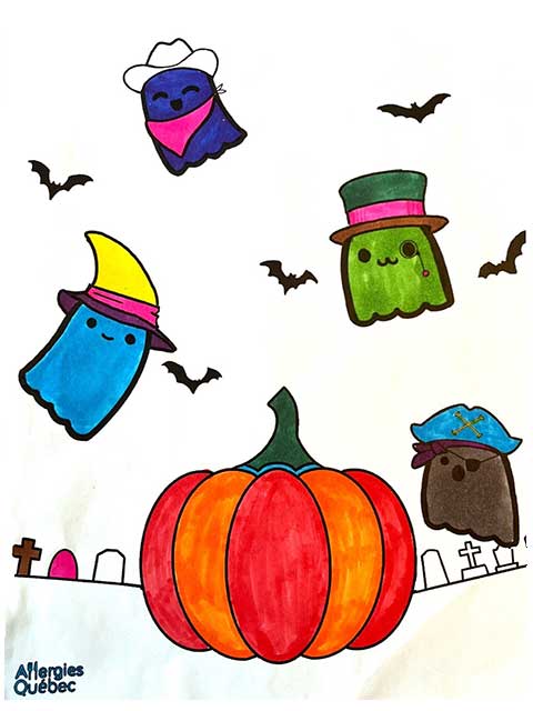 Dessin d’Halloween qui a été complété par un enfants.